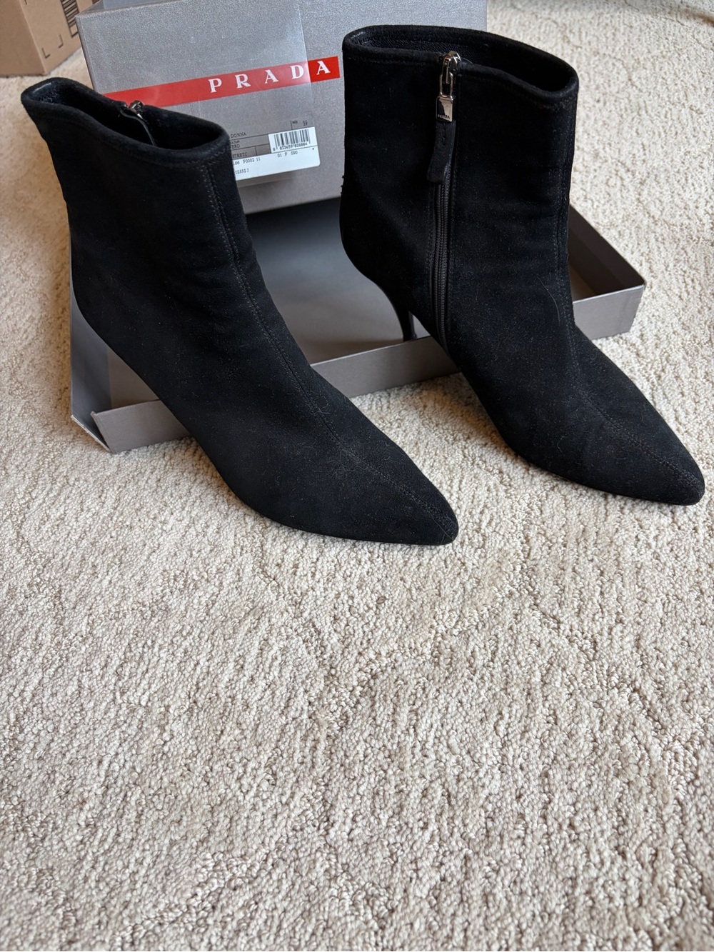Prada Black Suede Pointed Ankle Booties with Side Zip
